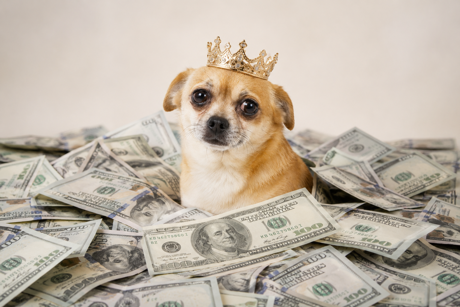 CashDog peeking out from a giant pile of scattered hundred dollar bills